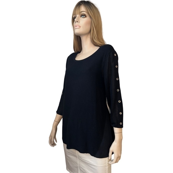 TRIBAL Sweater Tunic Pullover Top Silver Grommets ΒΎ Sleeve Hi Low Chiffon Panels - Picture 2 of 15